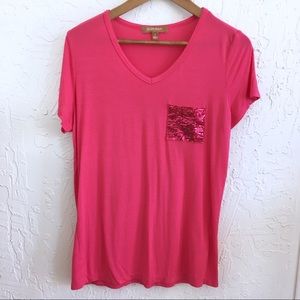 Cute Sequined Pocket T-shirt, Dark Pink